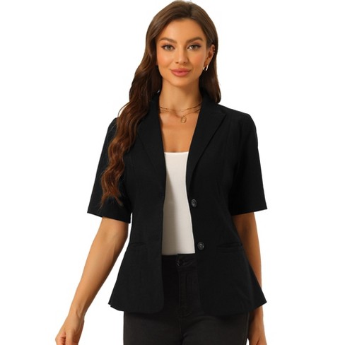 Inspire Chic Women s Cotton Linen Button Office Business Short Sleeve Blazer Jacket Black X small Target