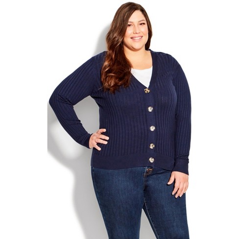 AVENUE | Women's Plus Size Ribbed Knit Button Cardigan - navy - 14W