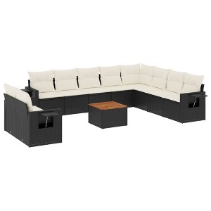 vidaXL 11 Piece Patio Sofa Set with Cushions Black Poly Rattan - Black and Cream - 1 of 4