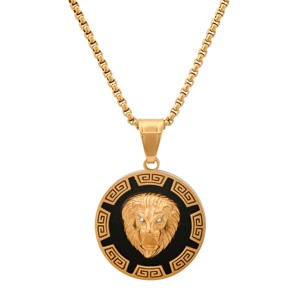 Steeltime 24" Men's two tone stainless steel round lion head pendant with simulated diamonds and greek accents. Color Options: Gold, Black - 1 of 4