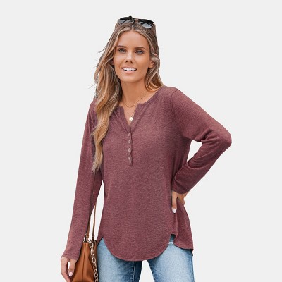 Women's Slub Knit Long Sleeve Henley Tee Top -Cupshe