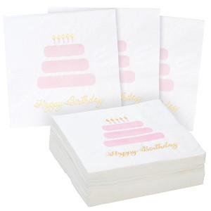 Blue Panda 50 Pack Light Pink Happy Birthday Cocktail Napkins with Gold Foil Accents, 3-Ply, 5 x 5 In - 1 of 4