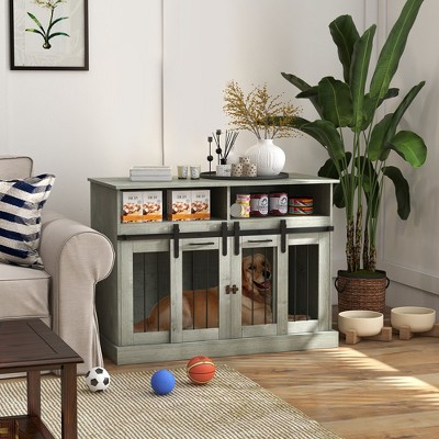 Large Gray Wooden Dog Crate Table with Sliding Doors