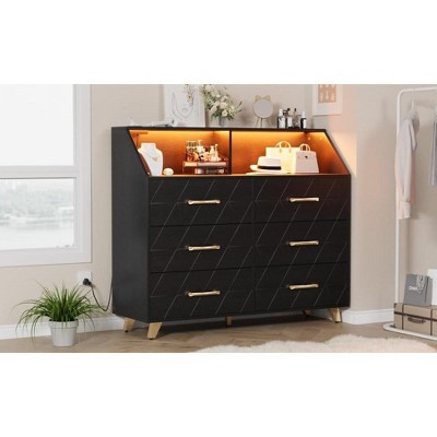 Bedroom Dresser with LED Lights & Charging Station, Wood 6 Drawer Dresser for Bedroom, Dressers & Chests of Drawers for Closet, TV Stand