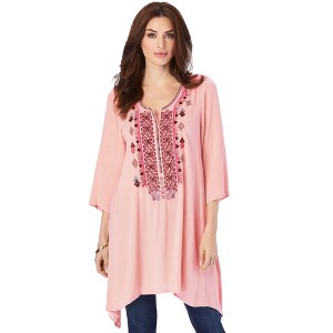 Roaman's Women's Plus Size Embroidered Henley Tunic - 1 of 4