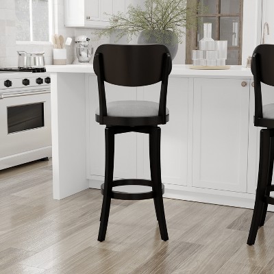 Classic Black Wood Swivel Barstool with Slate Gray Upholstery