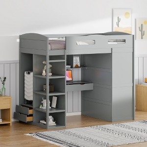 NicBex Twin Size Bunk Bed with Desk Wooden Bed Frame with Wardrobe, Drawers, Shelves, Ladder and Full Length Guardrail, No Box Spring Required - 1 of 4