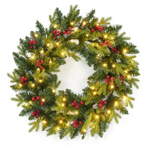 24" Christmas Wreath, Artificial Christmas Decorations with LED Lights, Indoor and Outdoor Holiday Decorative Wreath for Doors, Windows, Walls, Green - 1 of 4