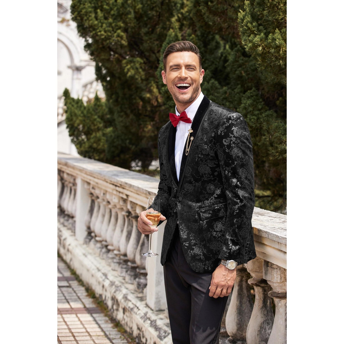 Мужской пиджак COOFANDY Red Suits Jacket Velvet Blazer Red Valentine' s Day Wedding Smoking Jacket A_black, цвет: Красный — фото 3