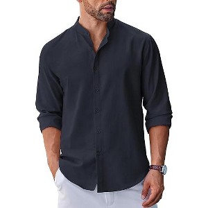 COOFANDY Men's Long Sleeve Oxford Dress Shirts Chambray Button Down Shirt Casual Band Collar Shirts - 1 of 4