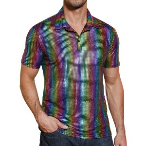 BLUEMING Mens Shirt Short Sleeve Polo Vintage Sequin Metallic 70s Outfits Party Costume Top - 1 of 4