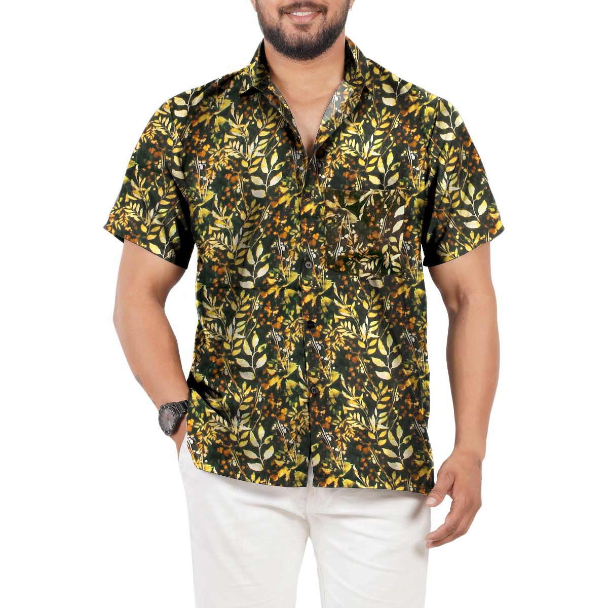 HAPPY BAY Mens Short Sleeve Button Down Hawaiian Collar Shirts Aloha Camp Beach Vacation Shirts Casual Camp Summer Untuckit Shirt XXL Blue,Tree
