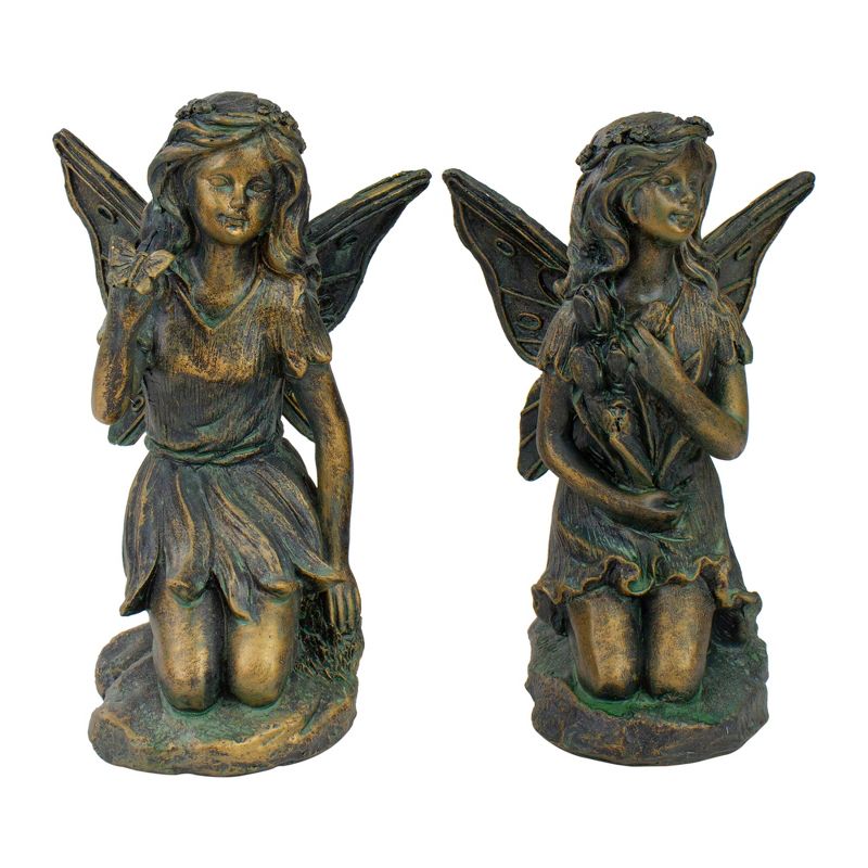 Northlight Set of 2 Bronze Kneeling Fairies With Flowers and a Butterfly Outdoor Garden Statues - 7", 1 of 7