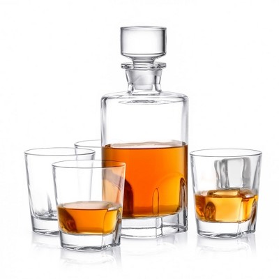 JoyJolt Carina Whiskey Decanter Bar Set - Set of 5 - Scotch Decanter & Old Fashioned Whiskey Glasses