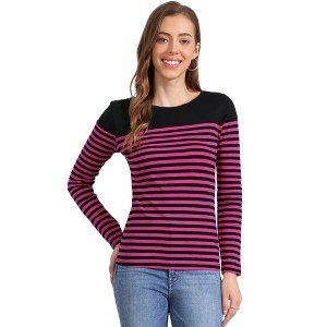INSPIRE CHIC Women's Color Block Round Neck Long Sleeves Striped Basic T-Shirt - 1 of 4