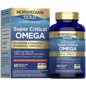 Norwegian Gold - Super Critical Omega - Omega 3 fish oil supplement - burpless - brain, heart, and joint health -60 softgel capsules - 1 of 4