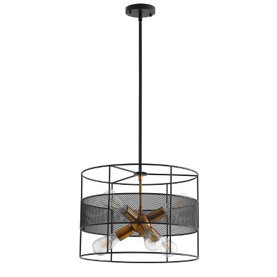 Modern Industrial Drum Pendant Light, Black Cage Chandelier with 5-Light Exposed Bulbs and Mesh Shade