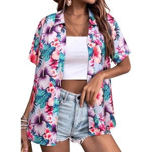 Nlife Womens Button Down Hawaiian Shirts Short Sleeve Floral Print Summer V Neck T-Shirt Casual Summer Beach Blouses Tops - 1 of 4