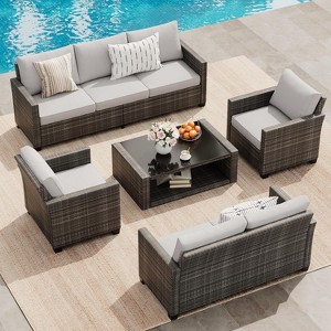 Outdoor Wicker Patio Furniture Sectional Set, Glass Top Table with Hidden Storage, Includes 7 Seating Components, Natural Rattan with Cushions - 1 of 4