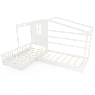 Tangkula L-shaped Double Twin Beds House Platform Beds w/ Window & Fences ray