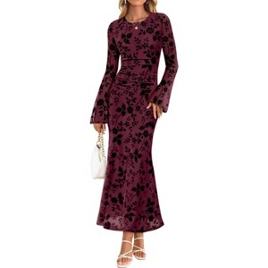 LEVEN SIXTEEN Mauve Floral Bodycon Maxi Dress, Ruched Mesh for Wedding Guest Mauve-Medium Medium