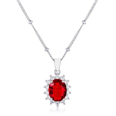 ShineHigh Rhodium Plated Petite Royal Oval CZ Pendant Necklace in Mystic, Red, Pink, Black, Sapphire Blue & Aqua Blue