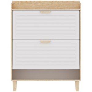 TiramisuBest Narrow Freestanding Shoe Storage Cabinet with 2 Flip Drawers, Natural Wood Legs – 8-16 Pairs Slim Entryway Organizer (Natural+White) - 1 of 4