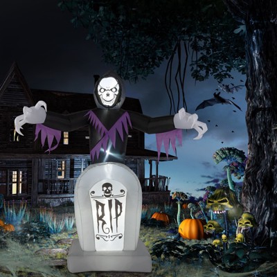 Angel Sar 8ft Halloween Inflatable Grim Reaper with Grave & LED String Lights, Light-Up Blow Up Yard Decoration for Garden, Lawn, Indoor Outdoor Party