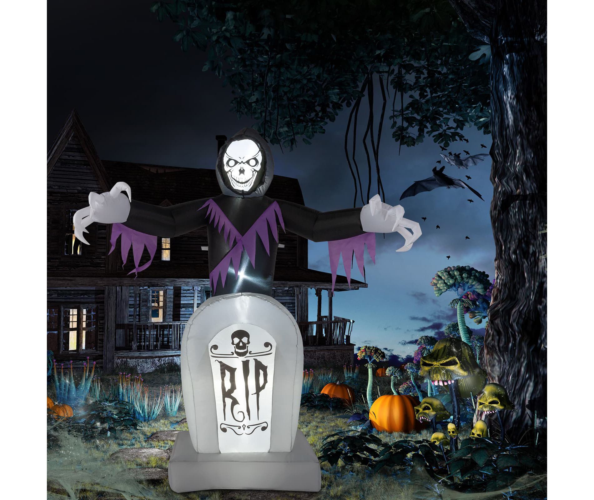 Angel Sar 8ft Halloween Inflatable Grim Reaper with Grave & LED String Lights, Light-Up Blow Up Yard Decoration for Garden, Lawn, Indoor Outdoor Party