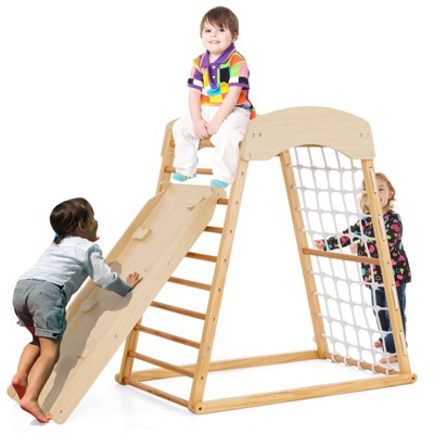 Safstar 6-in-1 Wood Jungle Gym Montessori Climbing Play Set w/Double-sided Ramp Natural
