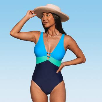 Women's Cutout V Neck Color Block O Ring One Piece Swimsuit - Cupshe