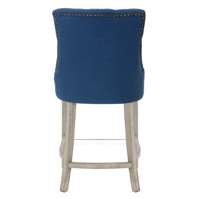 Blue Linen Tufted Wingback Counter Stool Set with Antique Gray Legs