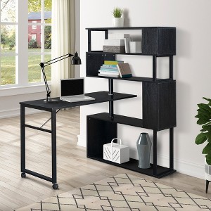 VYNXARIA Home Office Computer Desk L-Shaped Corner Table, Rotating Computer Table with 5-Tier Bookshelf,  Lockable Casters (Black) - 1 of 4