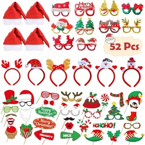52 Pcs Christmas Photo Booth, Glitter Eyeglasses Frame Hats Hair Hoop and Selfie Pose Signs - 1 of 4