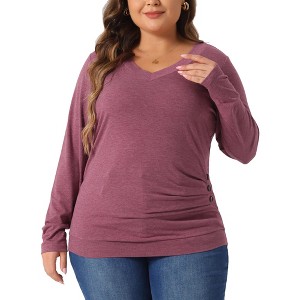 Agnes Orinda Women's Plus Size Knitted Buttons Decor Ruched Waist Long Sleeve V Neck T-shirts - 1 of 4