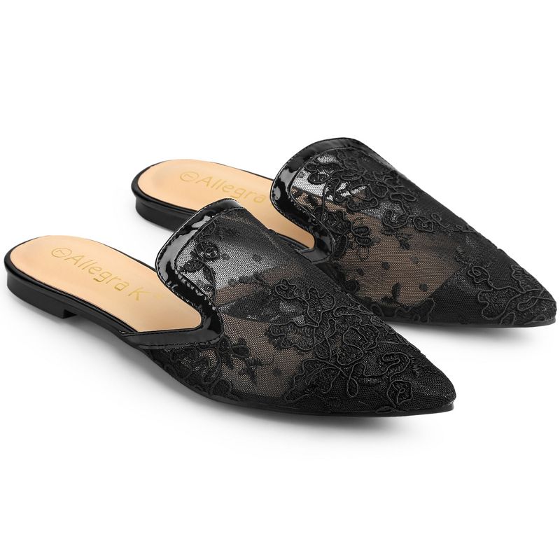 Allegra K Women's Pointed Toe Floral Embroidery Flats Mules, 1 of 8