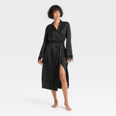 Women's Satin & Feather Robe - Auden™ Black M/L