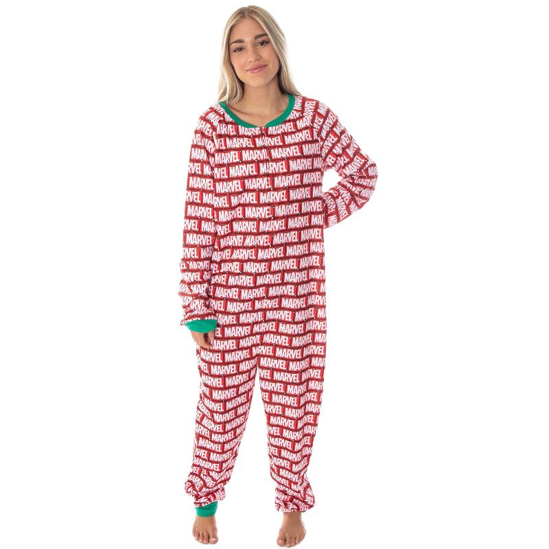 Marvel Logo Unionsuit with Christmas Lights Adult Onesie Pajamas Pjs Red, 4 of 5