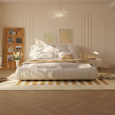 Queen Size Upholstered Bed Frame,Solid Wood Bed Frame,Upholstered Platform Bed With Oversized Padded Backrest, Thickening Bed Slats-Cuddlewood