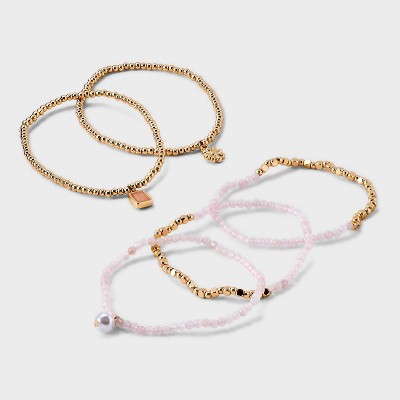 Beaded Stretch Charm Bracelet w Semi Precious Rose Quartz Set 5pc -  Universal Thread™ Gold/Pink