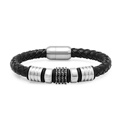 Steeltime Men's genuine leather bracelet with stainless steel rings
