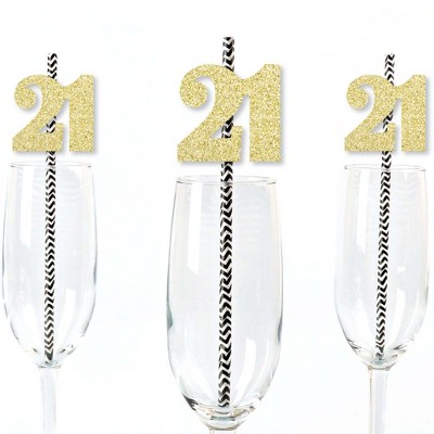 Big Dot of Happiness Gold Glitter 21 Party Straws - No-Mess Real Gold Glitter Cut-Out Numbers & Decorative 21st Birthday Party Paper Straws - 24 Ct