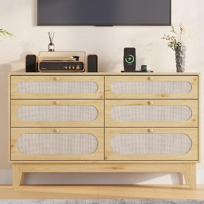 52" Rattan 6-Drawer Dresser with Built-In Charging Station, Wooden Tall Chest with Drawer for Bedroom Storage