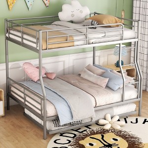 Full XL Over Queen Metal Bunk Bed with Trundle, Convertible Frame, Guardrails, and Slats, Space-Saving Design - 1 of 4