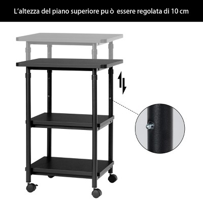 Black Adjustable 3-Tier Steel and Wood Rolling Printer Cart