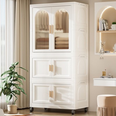 FONTOI Side Wide Folding Wardrobe with 10 Hangers , Plastic Storage Cabinet with Wheels, Cream White, 15.75"*57.09"*25.59"