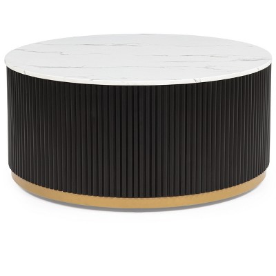 1pc Coffee Table Modern Cocktail Group Luxurious Marble-inspired Top Reeded Base Gold-finished Foundation With Casters Wooden Living Room Furniture