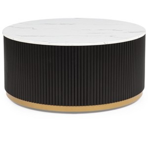 1pc Coffee Table Modern Cocktail Group Luxurious Marble-inspired Top Reeded Base Gold-finished Foundation With Casters Wooden Living Room Furniture - 1 of 1