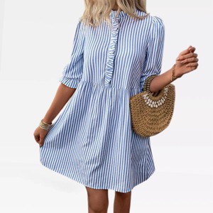 Womens Fall Dress Stripe Ruffle A Line Elbow Sleeve Shirtdress Ruffle Placket Mock Neck Mini Dress Lantern Sleeve Casual Highwaist Dress - 1 of 4