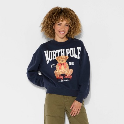 Women's North Pole Teddy Bear Graphic Sweatshirt - Navy Blue - image 2